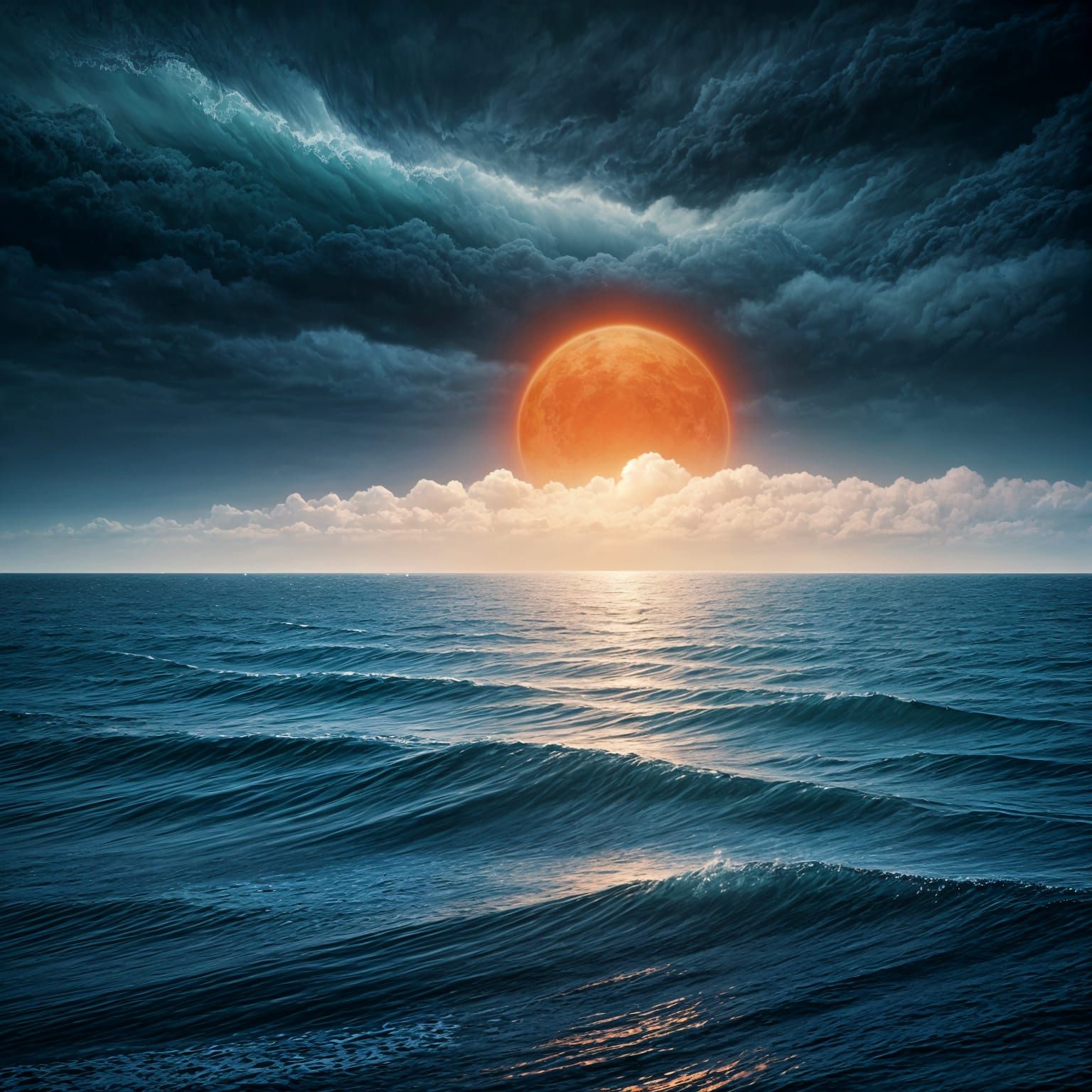 Stormy Sea with Rising Sun in Abstract Fractal Style
