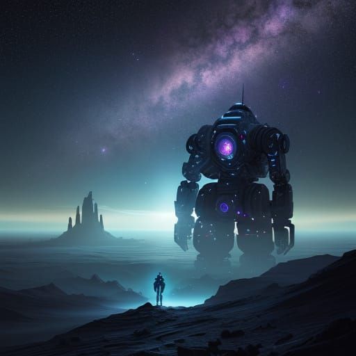 Gigantic Robot on Alien Planet in Cosmic Nebula