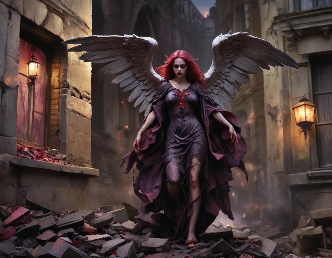 Gothic Angel Descending in Ruined City: Digital Painting
