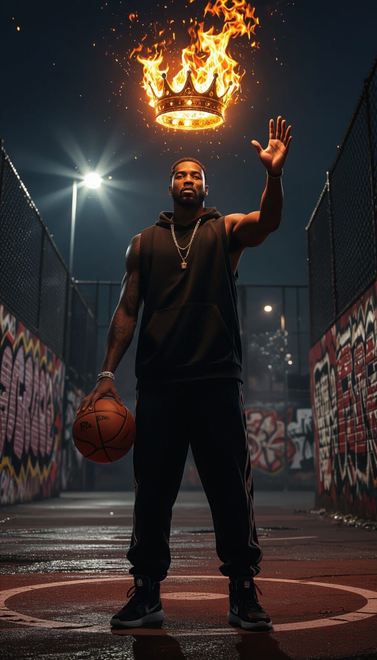 Legendary Basketball Player with Fiery Crown on Night Court
