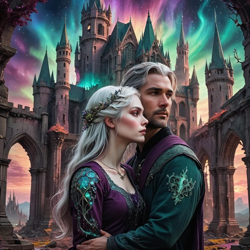 Mystical Embrace in a Gothic Aurora Landscape
