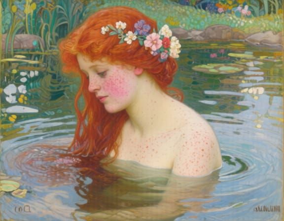 Redhead Nymph in Pond: Art Nouveau Portrait