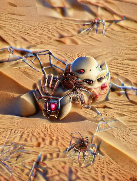 Horror Cyborg Spider in Desert Sand, 3D Render