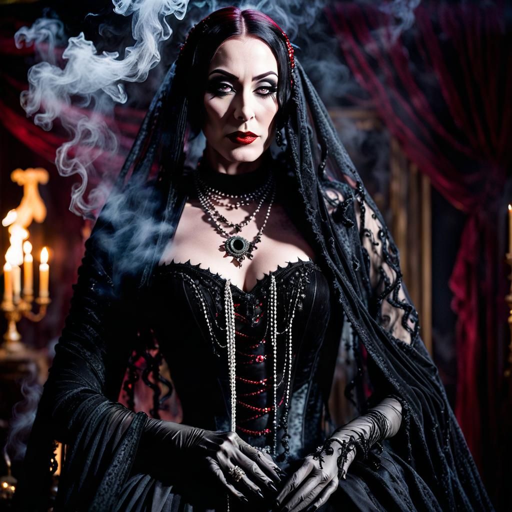 Gothpunk Morticia Addams in Victorian-Inspired Mysticism