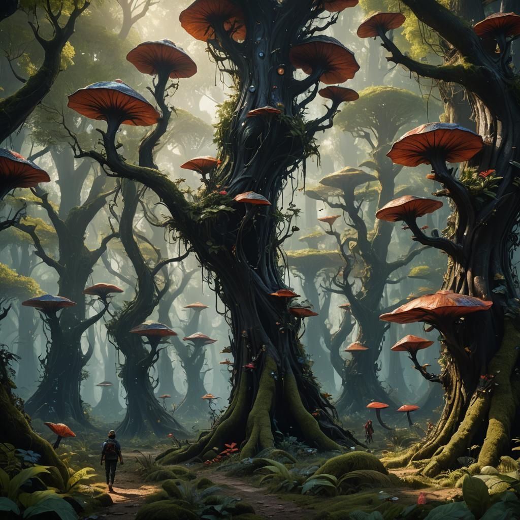 Giant Black Elfin Saddle Mushroom Grove: Fantasy Concept Art