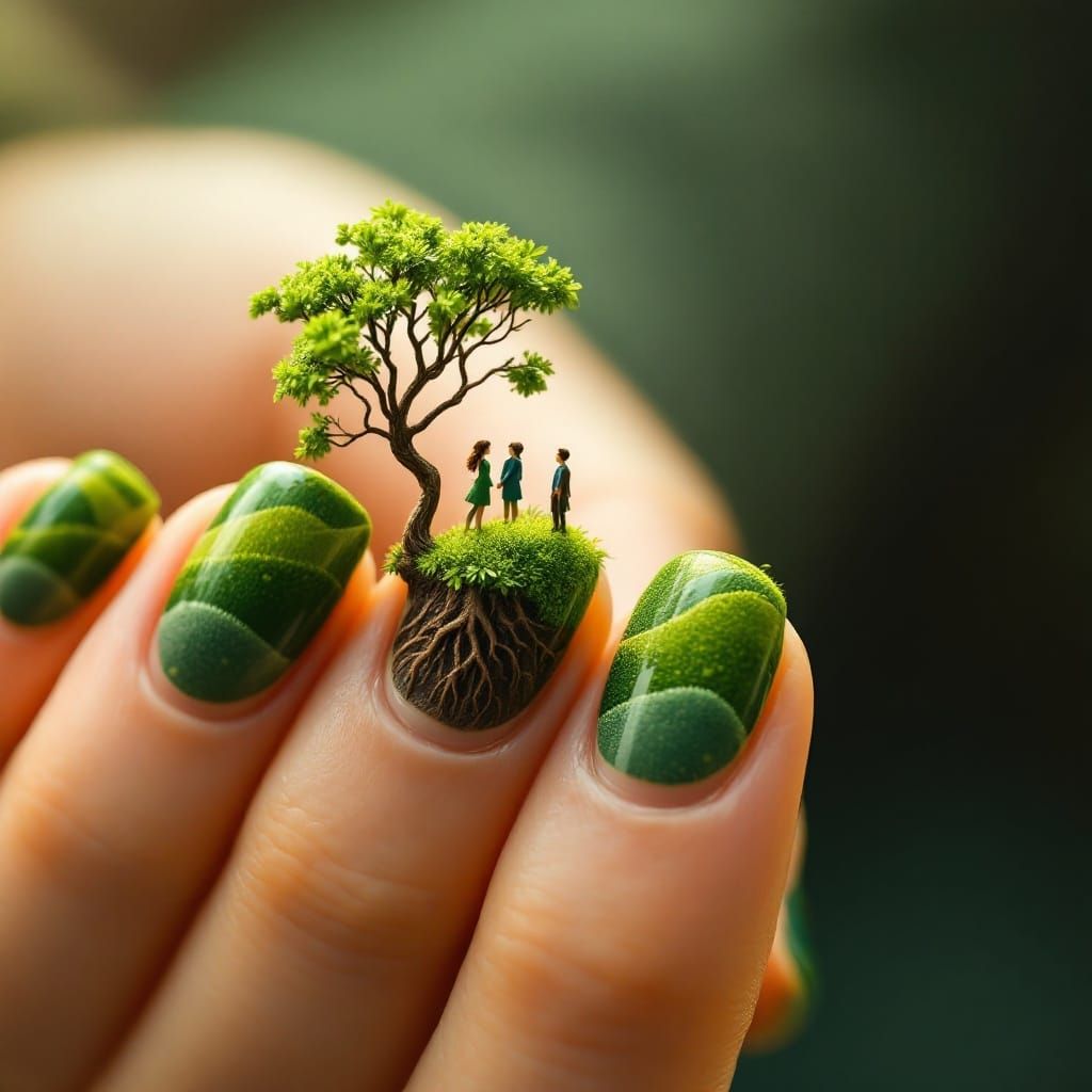 Close-up of Whimsical Hand with Miniature Worlds on Emerald...