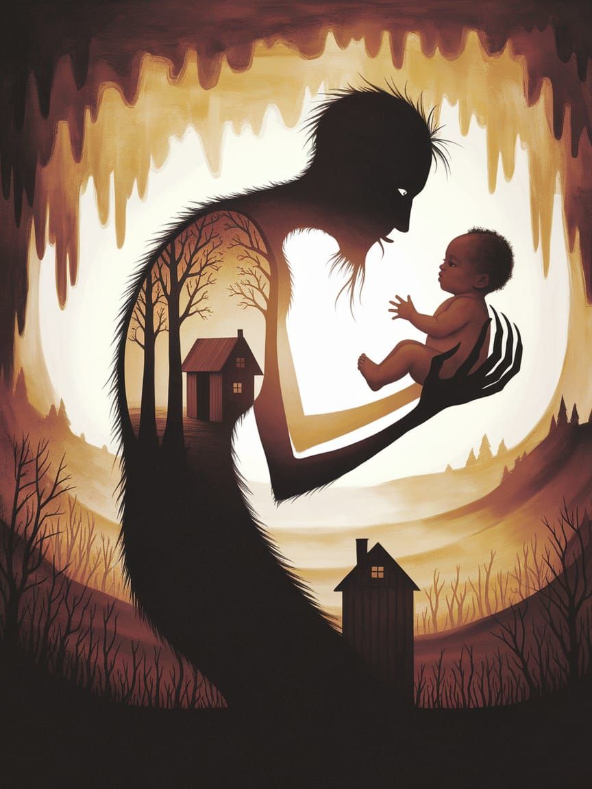 Surreal Monster Cradles Baby in Dark, Melting Landscape