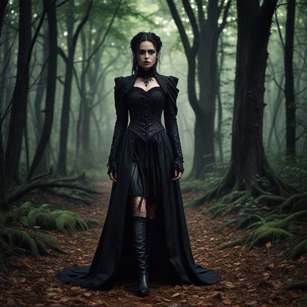 Gothic Woman in Mysterious Forest: Dark Fantasy Art