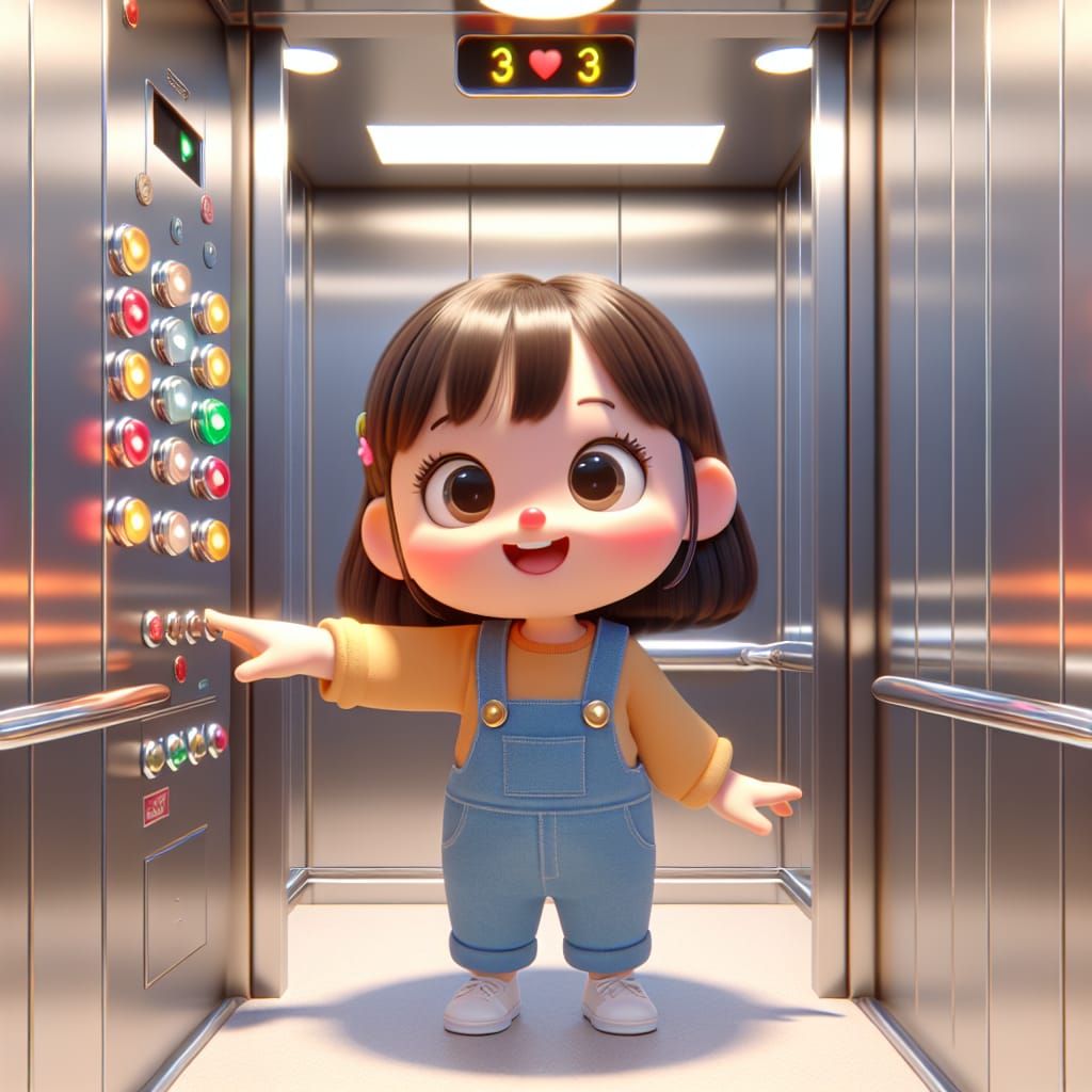 Disney Pixar style 3D adorable little girl in an elevator, p...