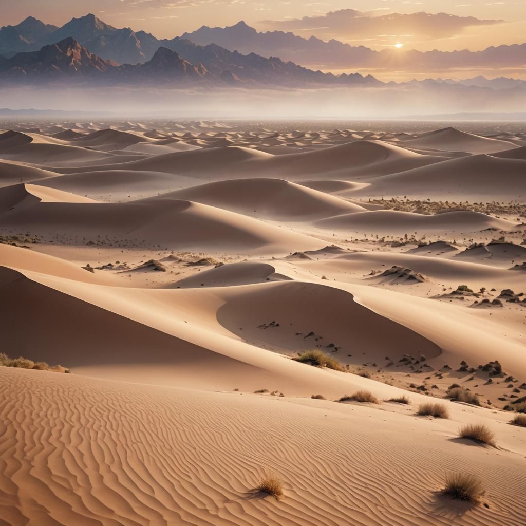 Ethereal Desert Dunes at Sunset in Dreamy Style