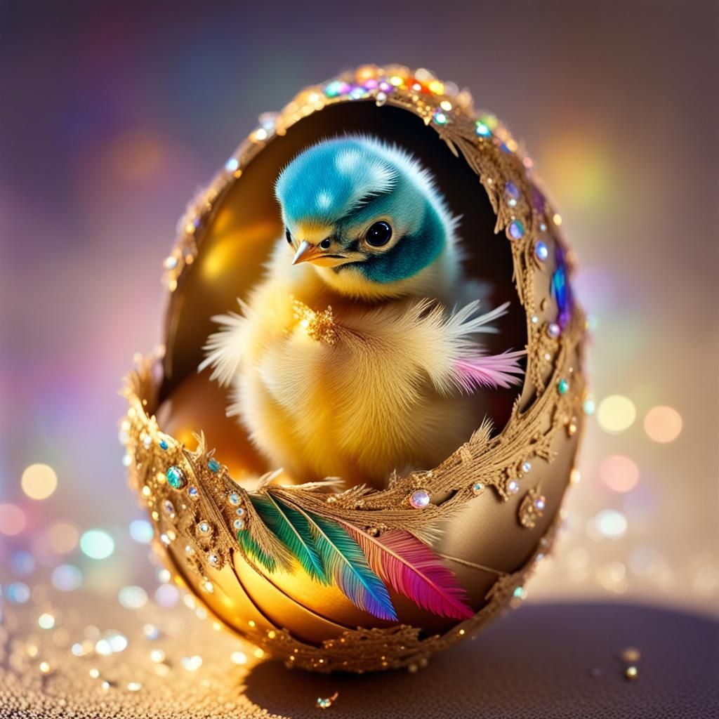 Sparkling Bird Chick in Golden Egg: 3D Render