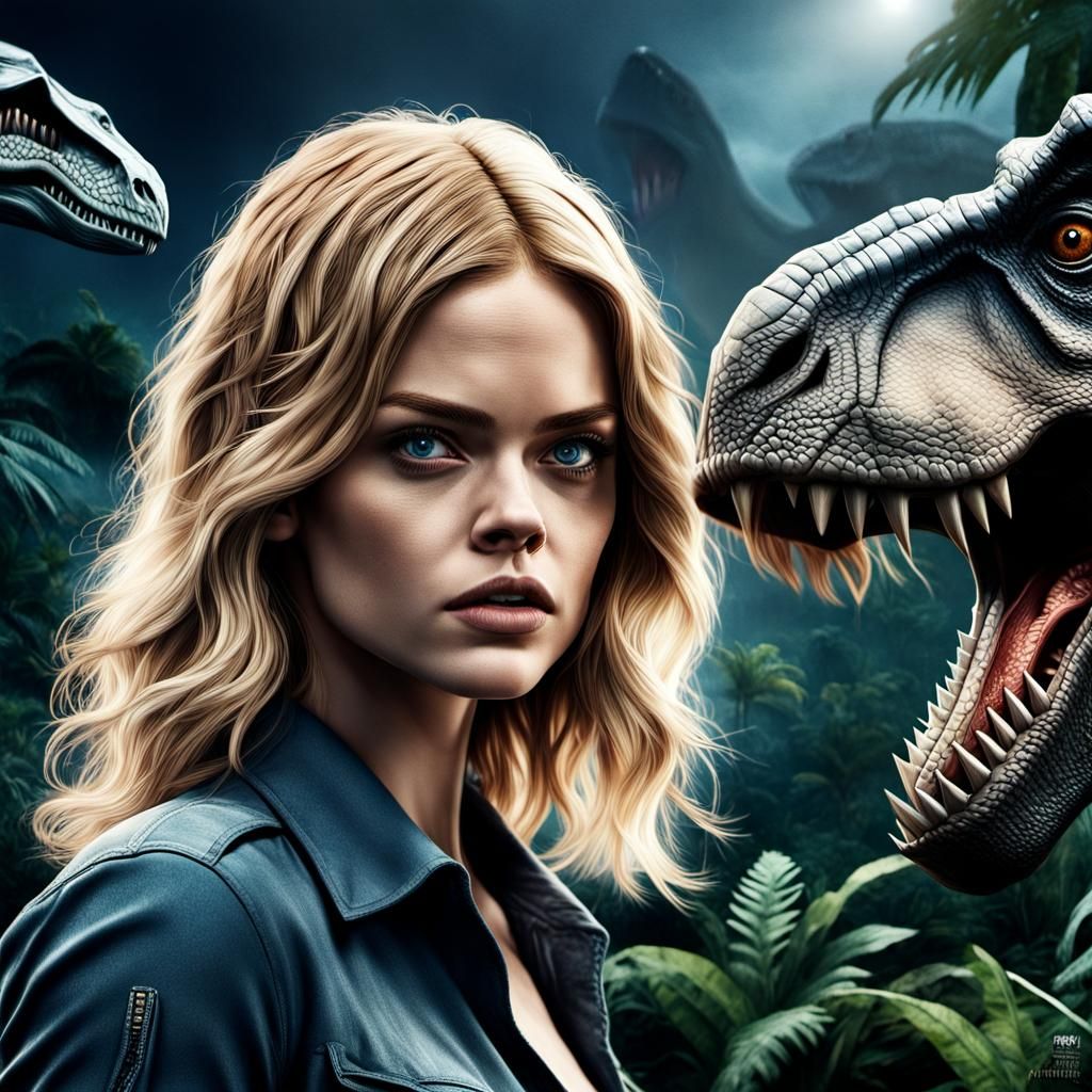 Samara Weaving in Hyperrealistic Jurassic World Poster