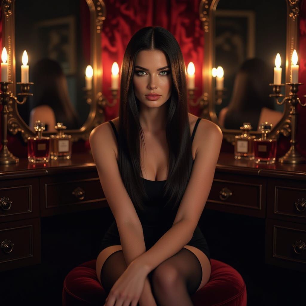 Woman in Vanity Room, Realistic Photography