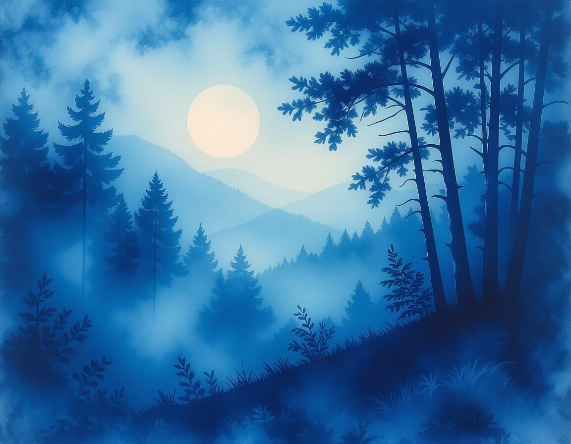 Ethereal Cyanotype Landscape in Kinkade Style