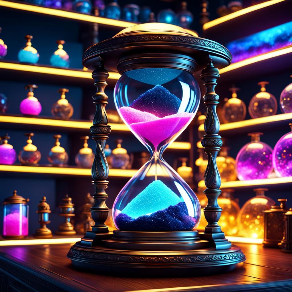 Hourglass on Shelf with Galaxy Sky