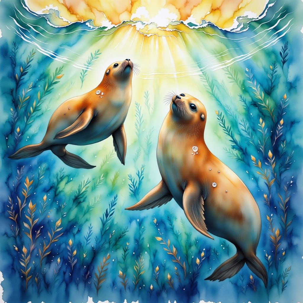 Playful Seals Underwater in Watercolour Style