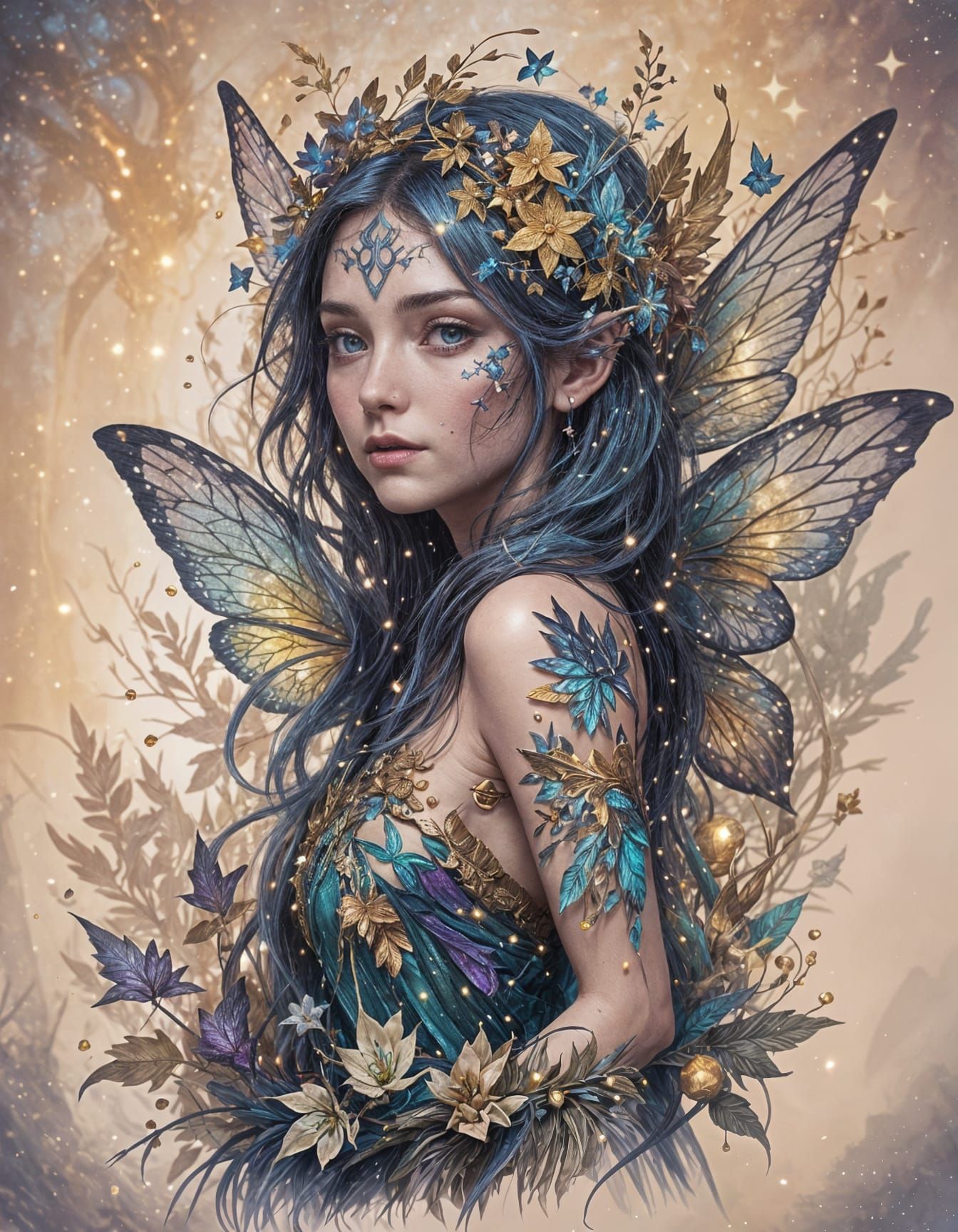 Detailed Space Fae Coloring Page in Fantasy Art Style