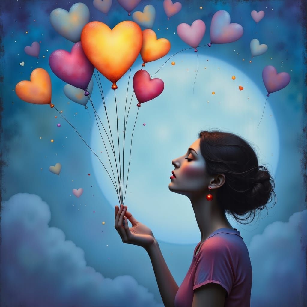 Dreamy Woman Gazes at Heart Balloons in Moonlit Sky