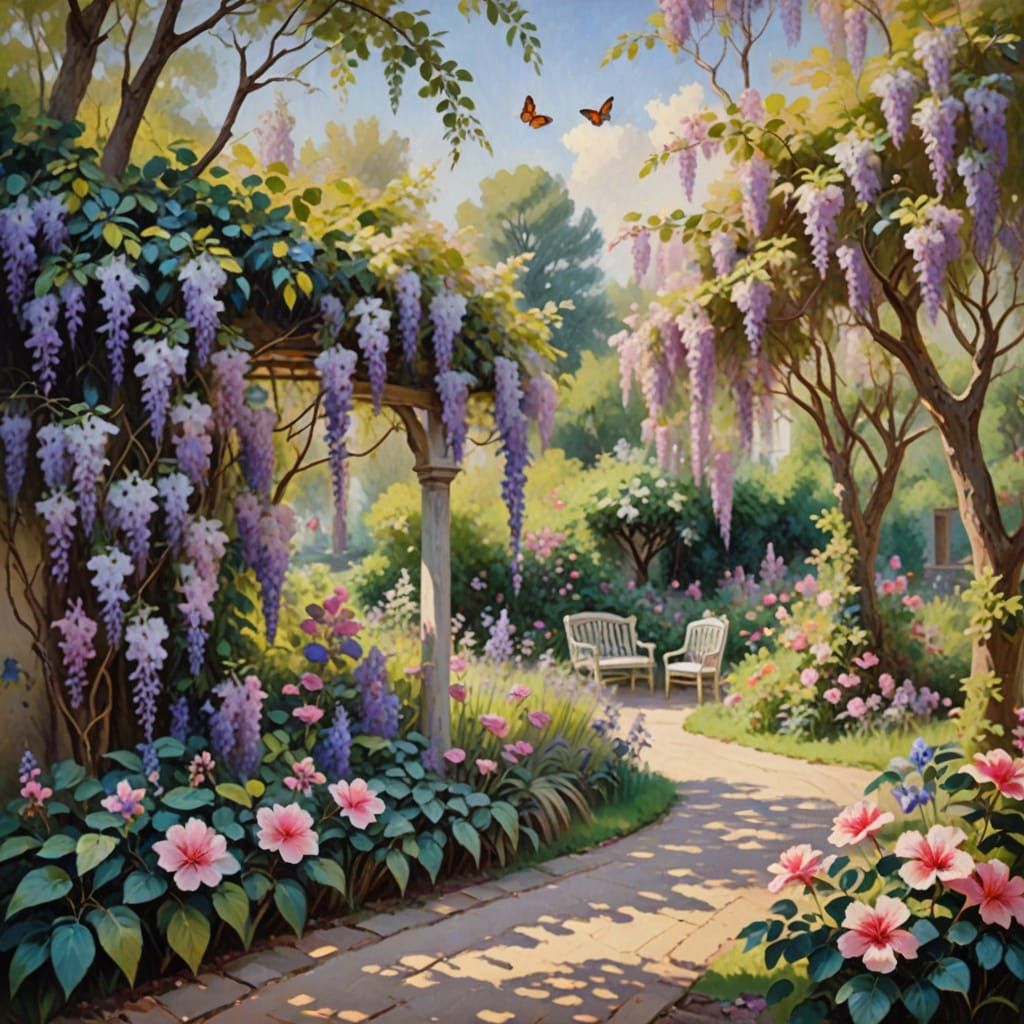 Impressionist Garden Scene with Vibrant Flowers and Delicate...