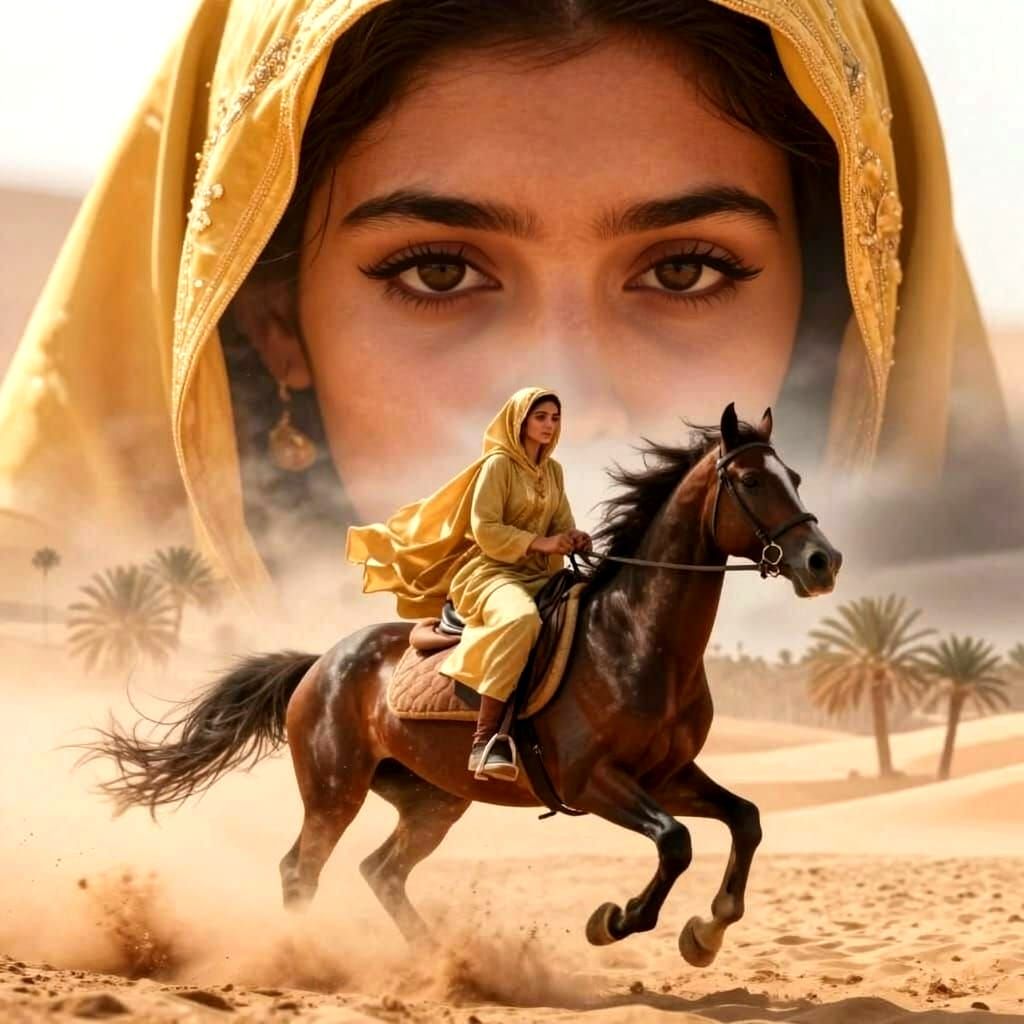 Bedouin Woman's Eyes in Sandstorm Oasis Double Exposure