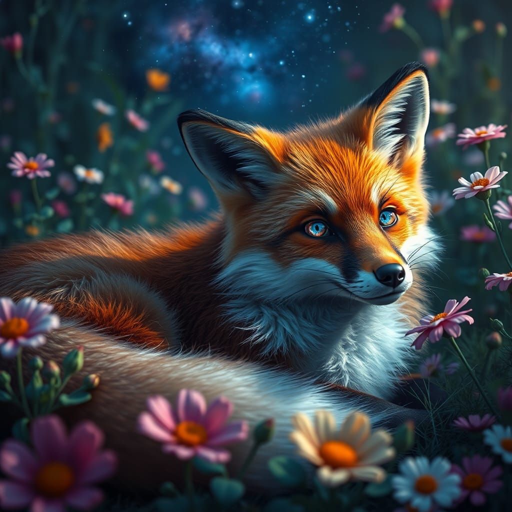 Fox in Flower Garden Reflecting Universe