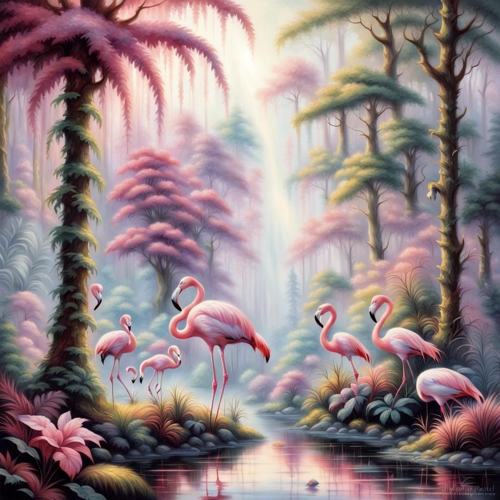 Crystal Flamingo in Pink Forest: Ethereal Fantasy Art