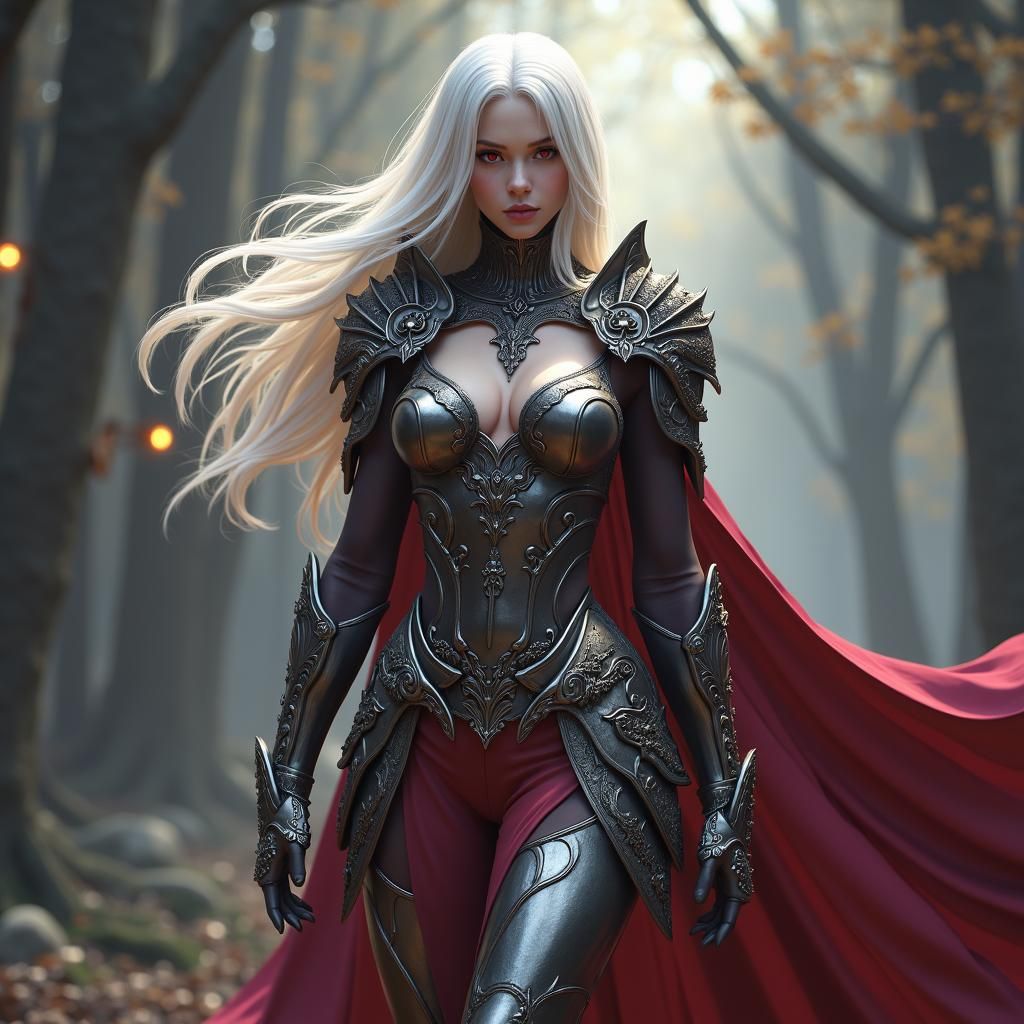 Dhampir Warrior in Ornate Iron Armor, Dark Fantasy Art