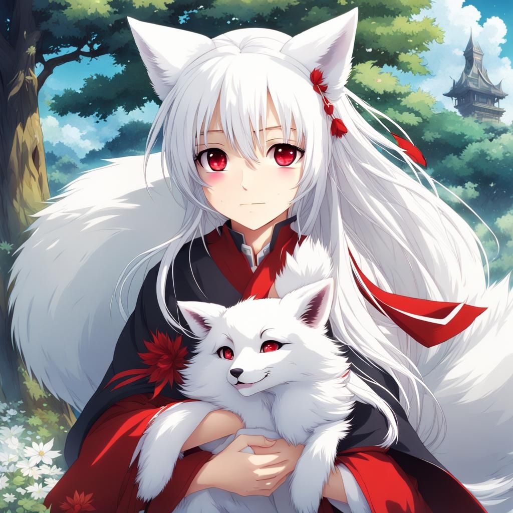 Anime Girl with Fox Features Holding White Fox