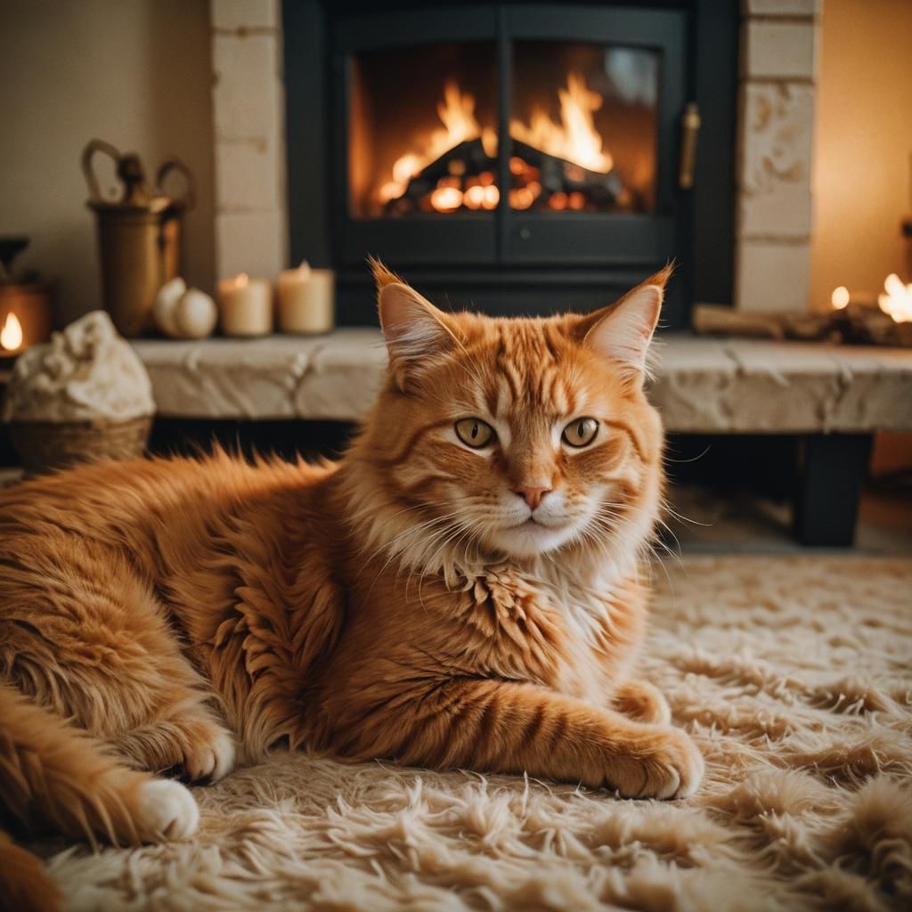 Cozy Orange Cat by Fireplace: Cinematic Film Still