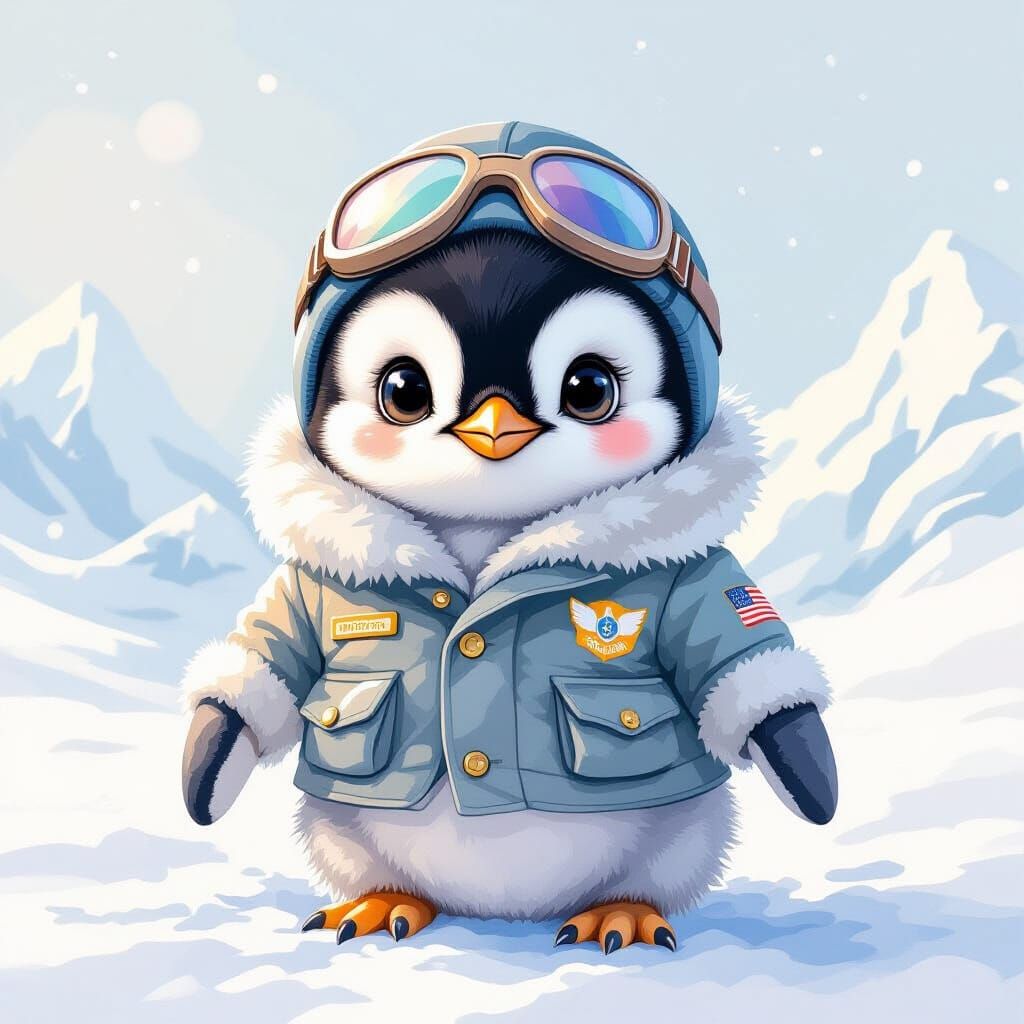 Baby Penguin Pilot in Arctic Watercolor Painting