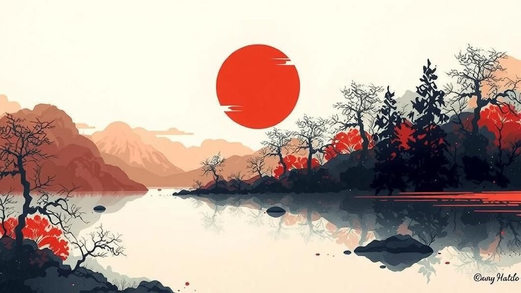 Japanese Sunset Landscape in Ukiyo-e Style