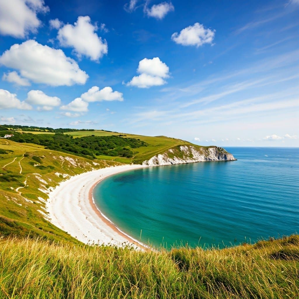 Impressionist Lulworth Cove: Turquoise Sea and Lush Green Hi...