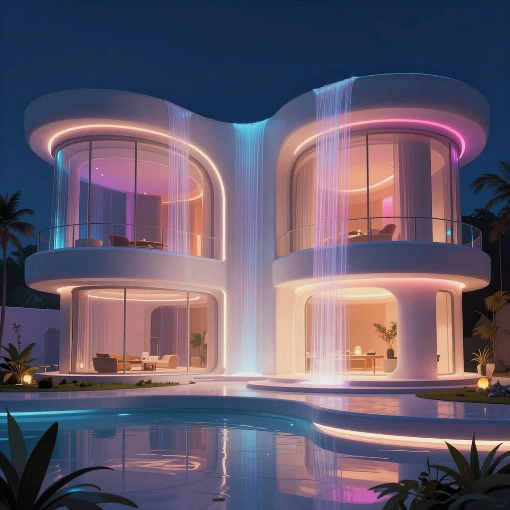 Futuristic Mansion With Vibrant Lights and Waterfall