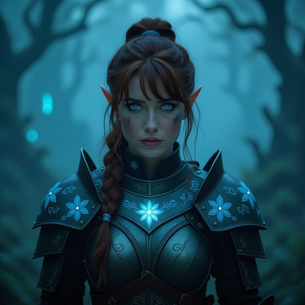 Half-Elf Paladin in Mystical Forest, Cinematic Film Still