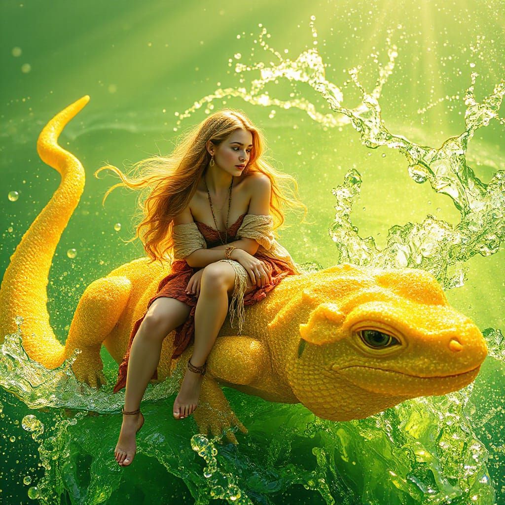 Woman on Gummy Salamander in Soda Sea