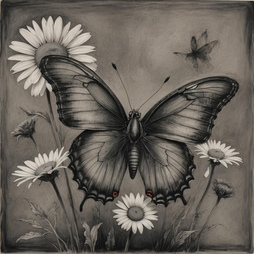 Butterfly on Daisy: Surrealist Charcoal Drawing