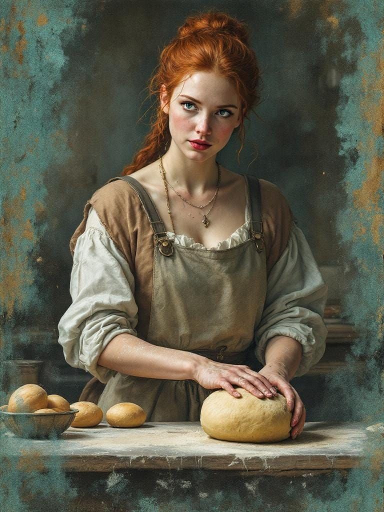 Redhead Baker Kneading Dough in Patinated Vintage Style