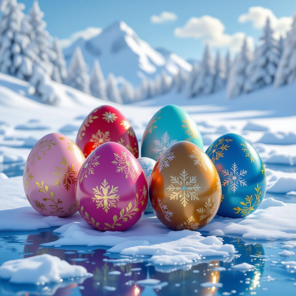 Vibrant Eggs on Ice in a Dreamy Landscape