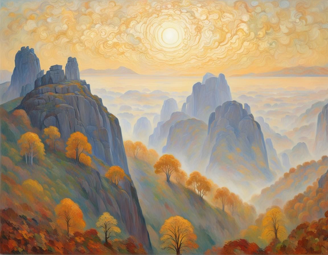 Elbe Mountains: Foggy Sunrise in Art Nouveau Style