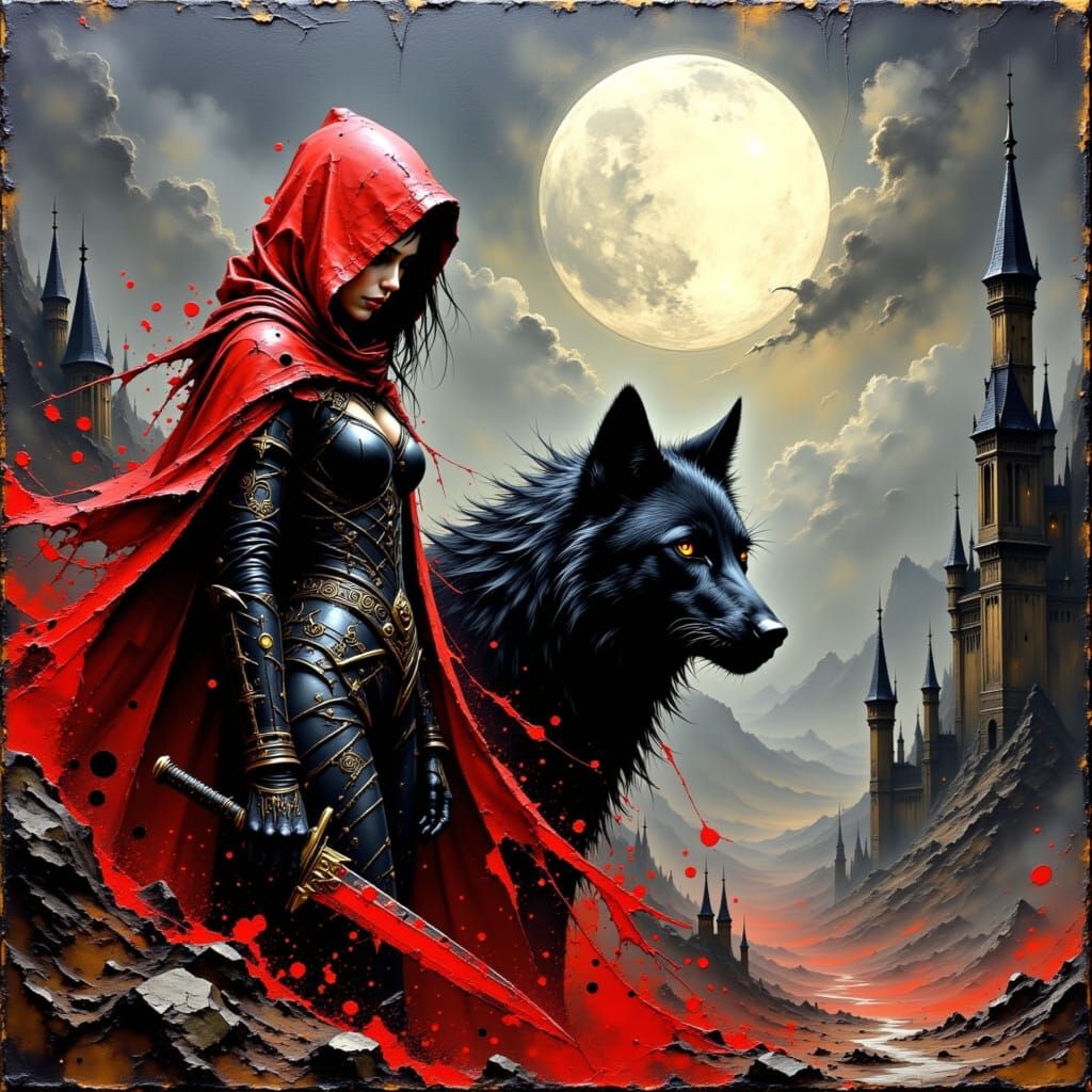 Red Cloak Warrior and Wolf in Impasto Style