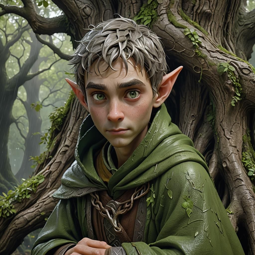 Young Elf Mage Sheltering in Ancient Oak: 3D Digital Art