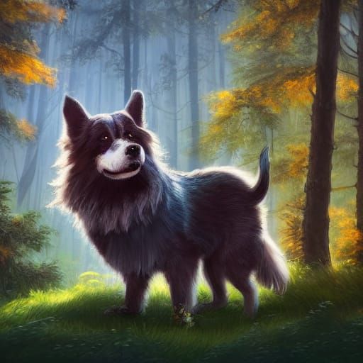 Fluffy Dog in Forest Clearing: Digital Matte Painting