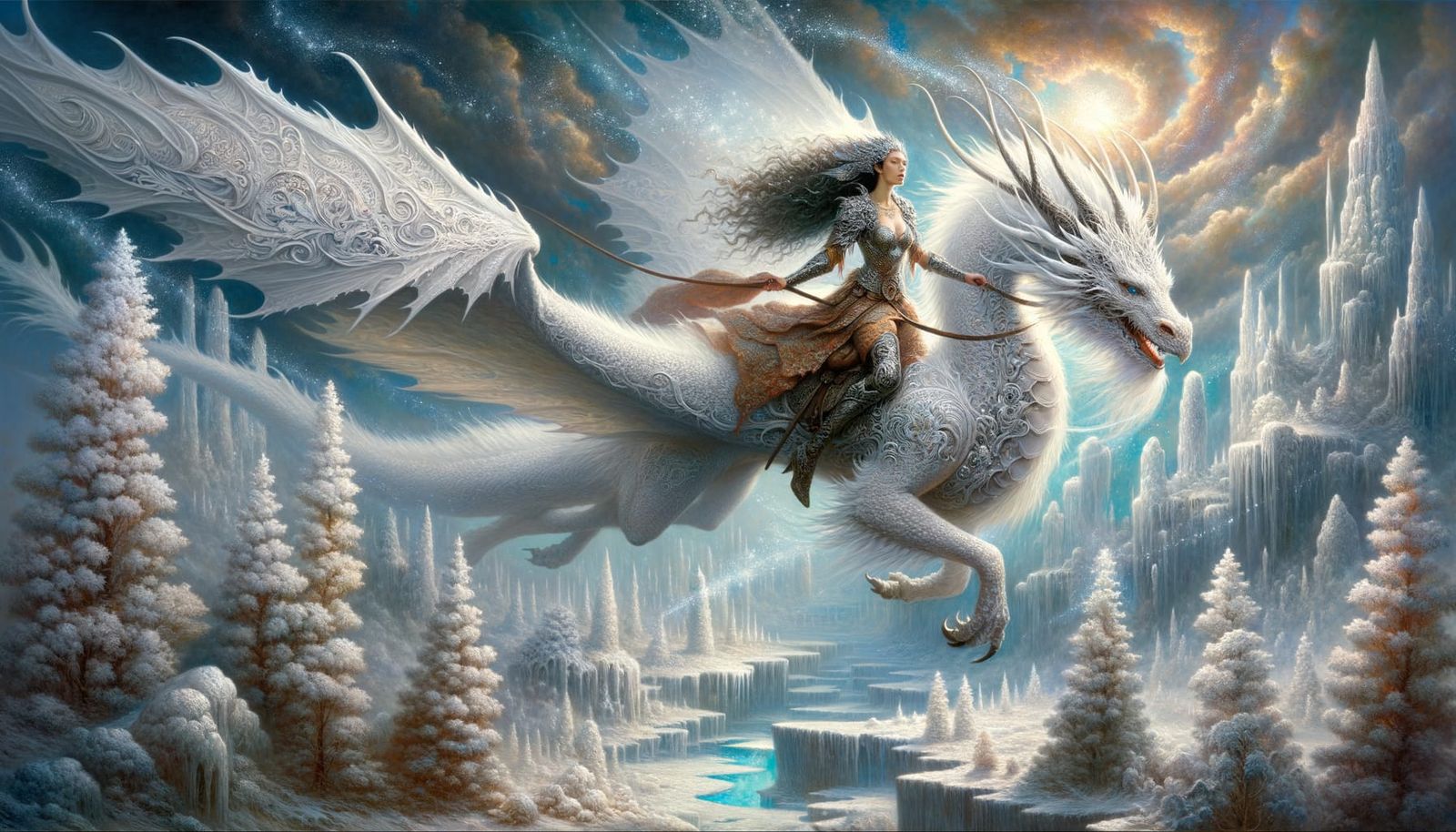 Hispanic Warrior Woman on Dragon in Winter Storm