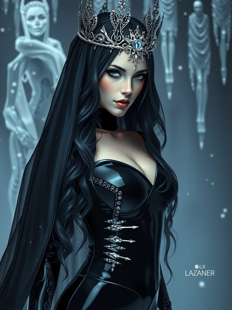beauty evil ice queen in latex wear with snow white very lon...