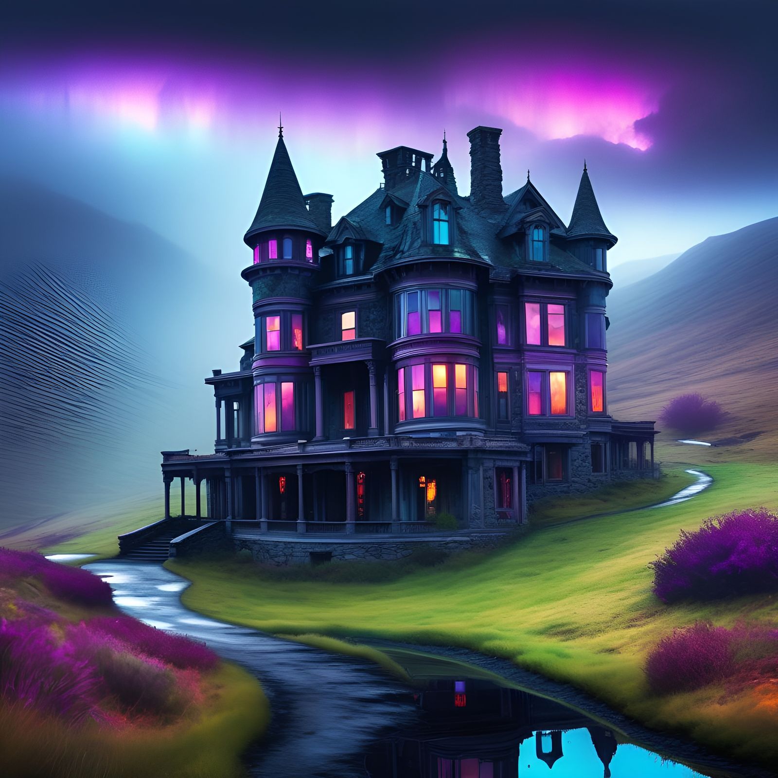 Eerie Mansion in Lisa Frank Colors