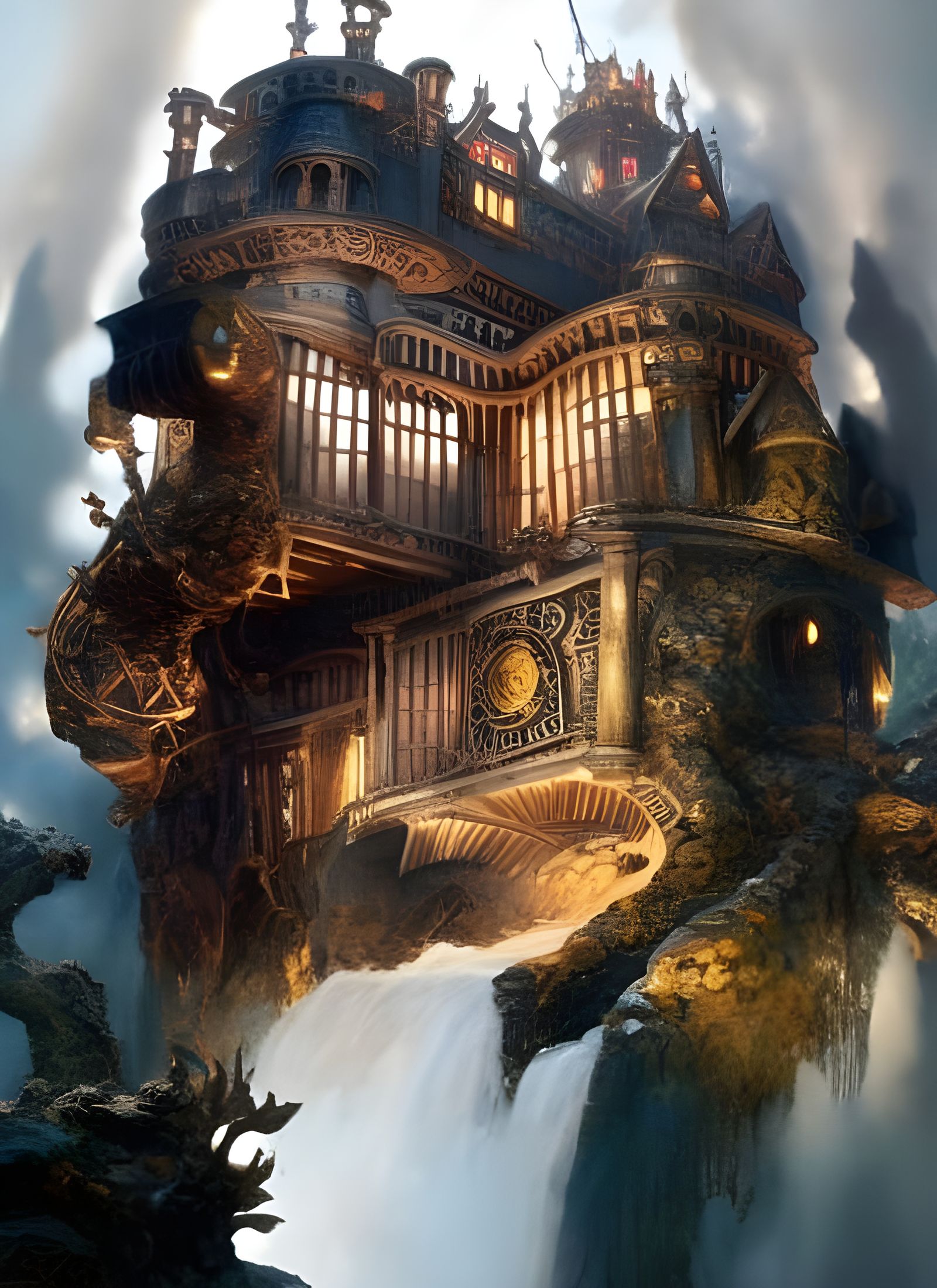 Steampunk Fantasy Castle on Epic Waterfall