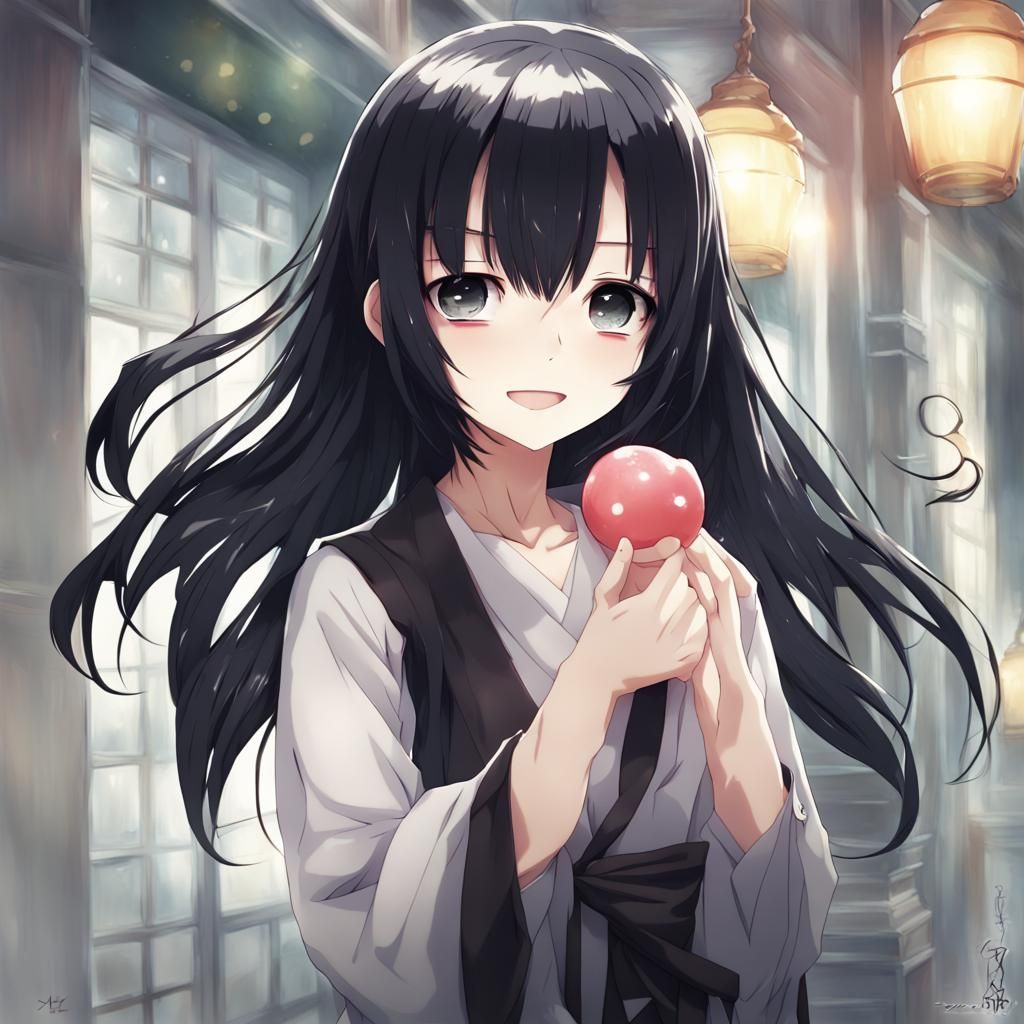 Happy Anime Girl with Black Hair in Manga Style