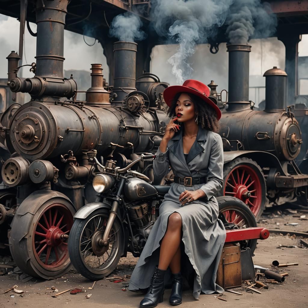 Steampunk Woman Smoking near Engine and Motorcycle