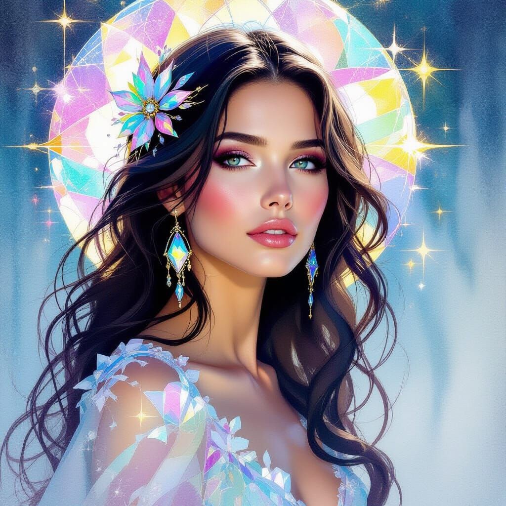 Iridescent Crystalline Woman in Watercolor Style