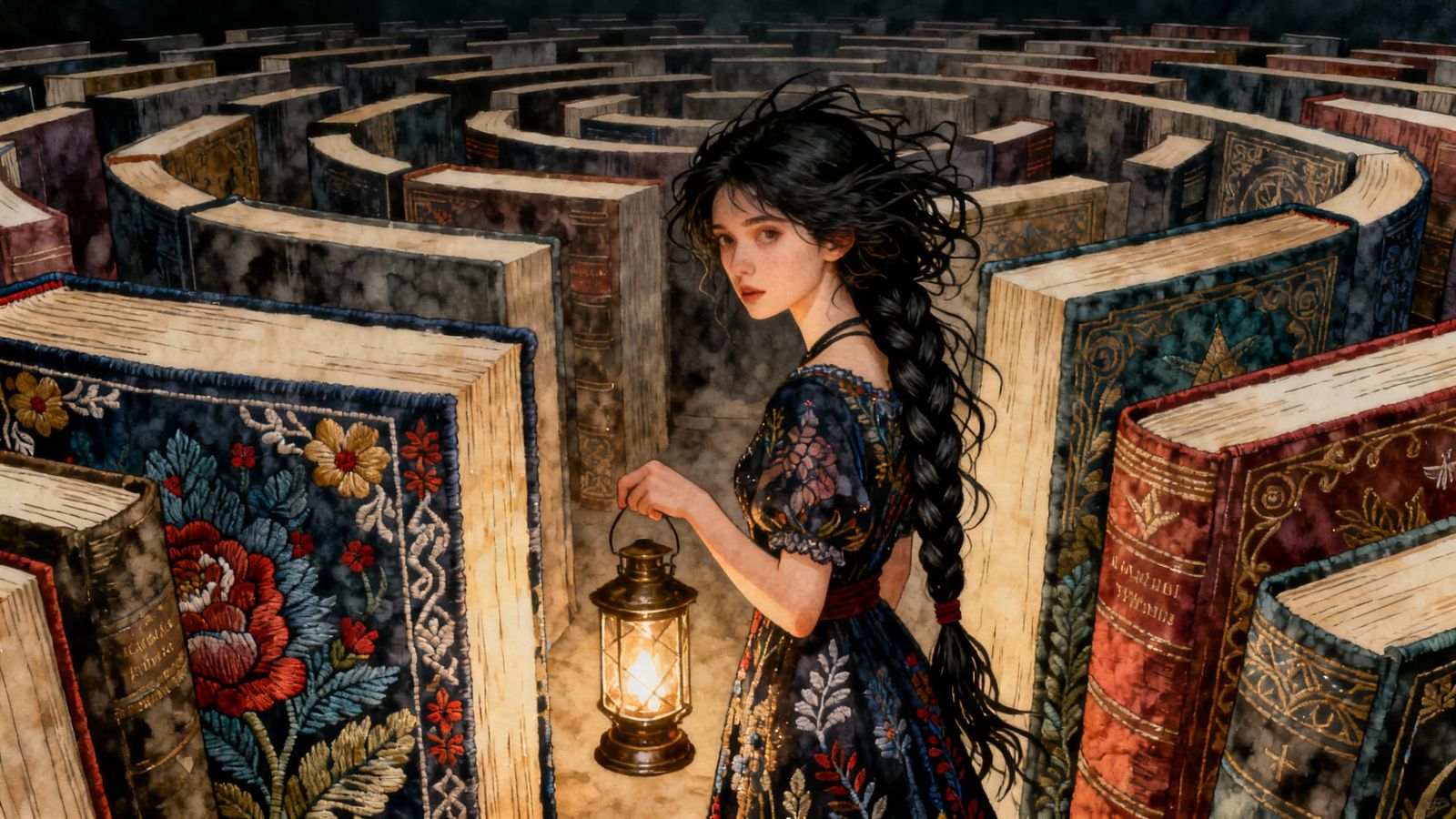 Woman With Lantern Explores Book Labyrinth